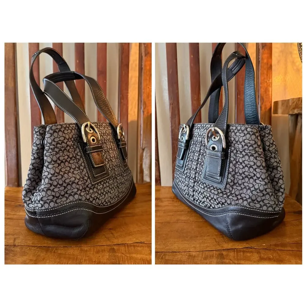 Coach Micro C Signature Jacquard Tote Bag Black Gray Leather Trim F19664